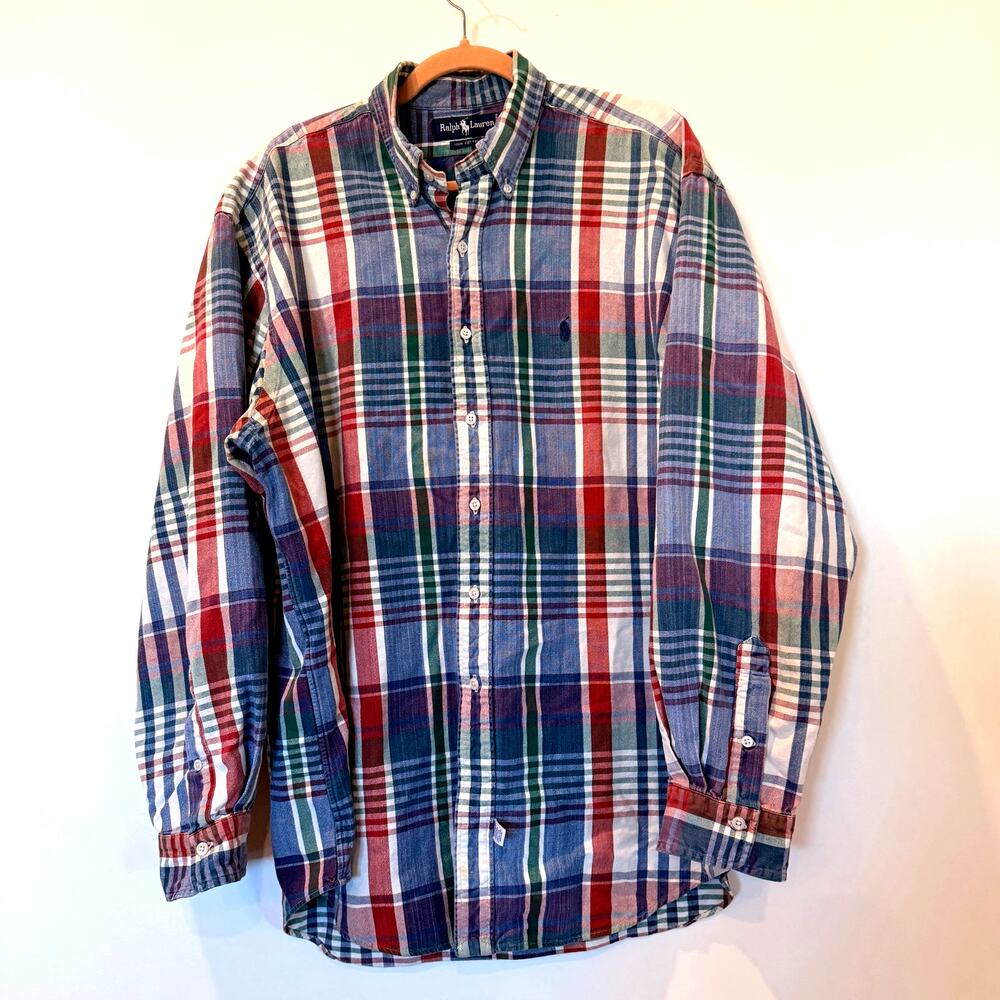 Vtg 90s Ralph Lauren oversized madras plaid button down XL 100% cotton chambray